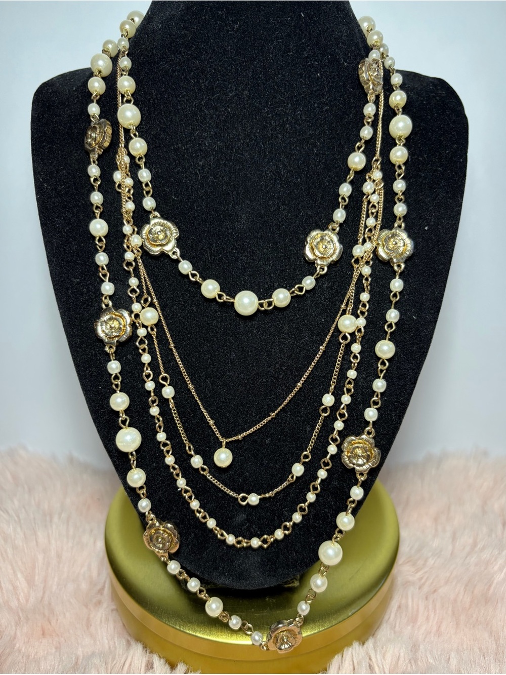 Elegant Gold and Pearl Multi-Layer Necklace Set